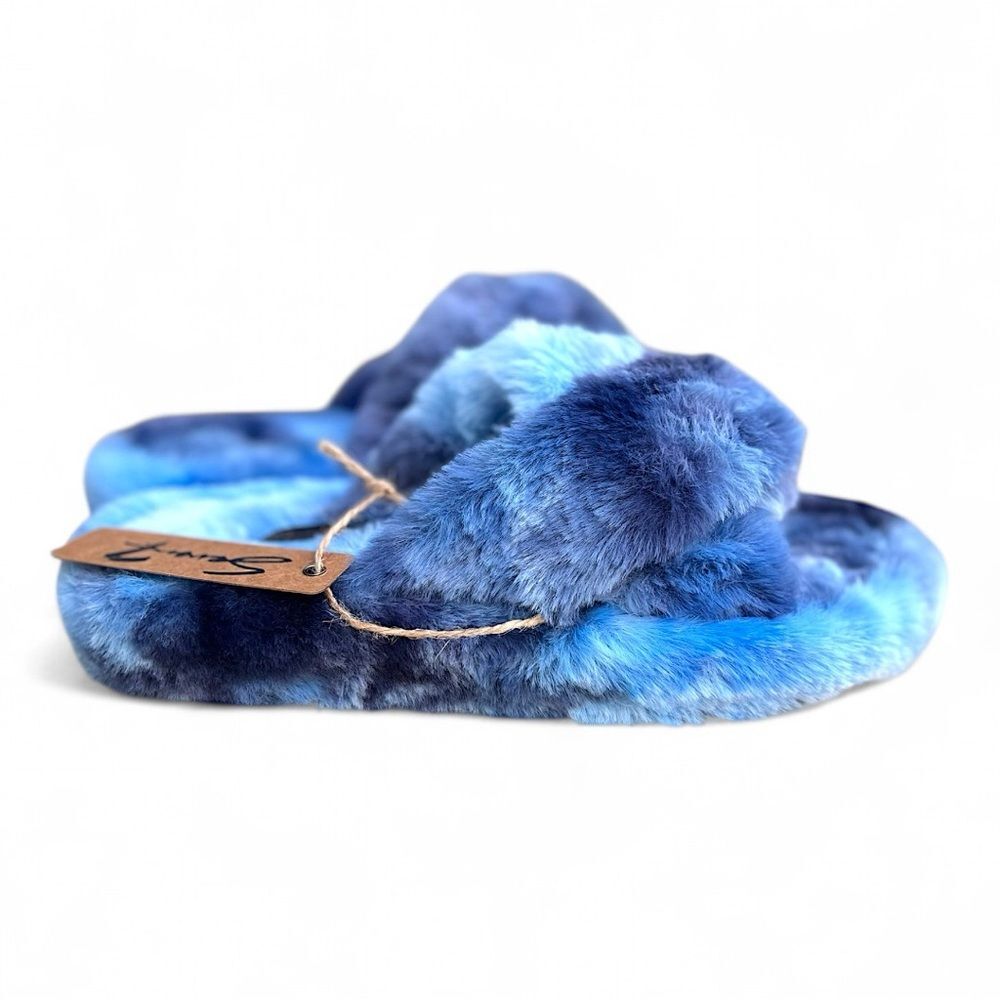 Seven7 KiKi Fur Cross Strap Fuzzy Slippers | Blue Tie Dye | Women’s Size 9